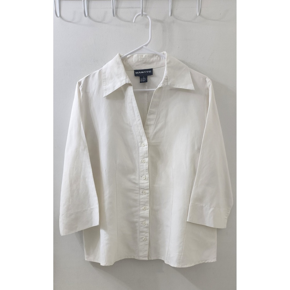 Marianne Womens White Linen Rayon Blend 3/4 Sleeve Button Down Shirt Size 1X